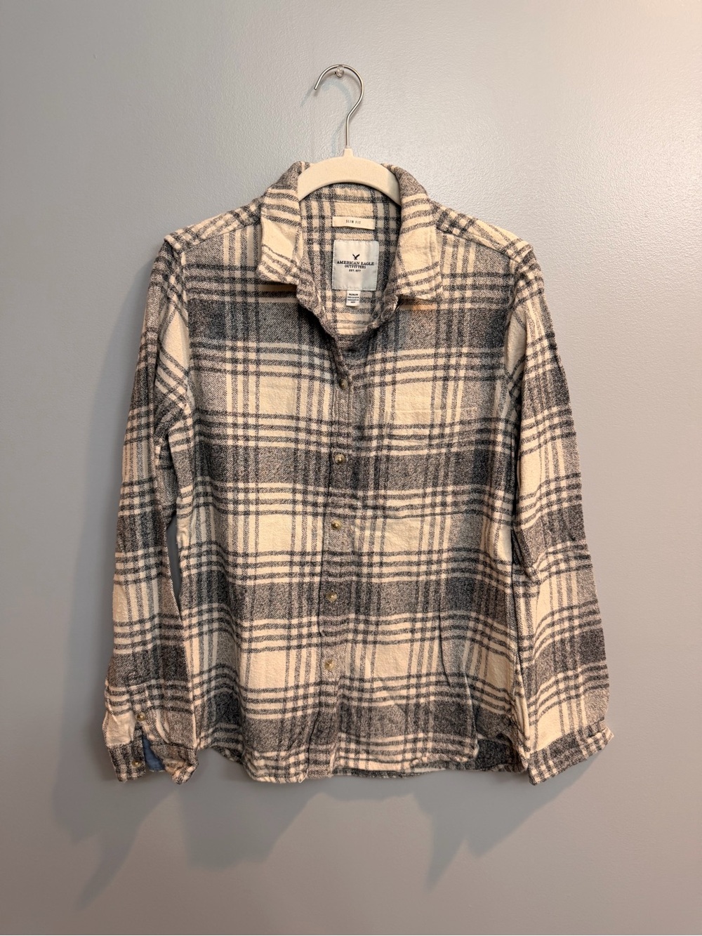 American Eagle Outfitters Off White and Gray Slim Fit Plaid Shirt